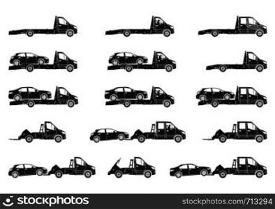 Tow truck icons. Set of recovery vehicle silhouettes. Side view. Flat vector.