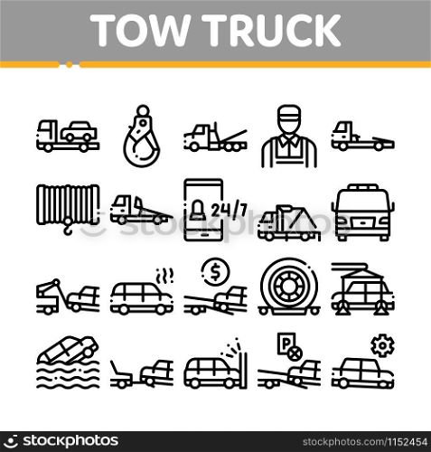 Tow Truck Transport Collection Icons Set Vector Thin Line. Tow Truck Evacuating And Transportation Broken Car, Winch And Hook Concept Linear Pictograms. Monochrome Contour Illustrations. Tow Truck Transport Collection Icons Set Vector