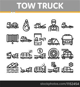 Tow Truck Transport Collection Icons Set Vector Thin Line. Tow Truck Evacuating And Transportation Broken Car, Winch And Hook Concept Linear Pictograms. Monochrome Contour Illustrations. Tow Truck Transport Collection Icons Set Vector