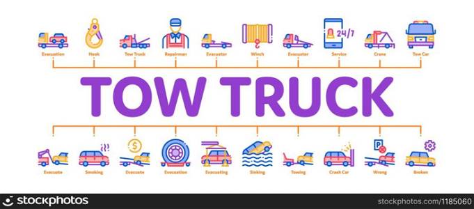 Tow Truck Transport Minimal Infographic Web Banner Vector. Tow Truck Evacuating And Transportation Broken Car, Winch And Hook Concept Illustrations. Tow Truck Transport Minimal Infographic Banner Vector