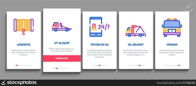Tow Truck Transport Onboarding Mobile App Page Screen Vector. Tow Truck Evacuating And Transportation Broken Car, Winch And Hook Concept Linear Pictograms. Color Contour Illustrations. Tow Truck Transport Onboarding Elements Icons Set Vector
