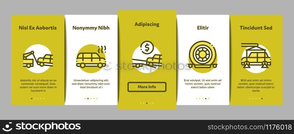 Tow Truck Transport Onboarding Mobile App Page Screen Vector. Tow Truck Evacuating And Transportation Broken Car, Winch And Hook Concept Linear Pictograms. Color Contour Illustrations. Tow Truck Transport Onboarding Elements Icons Set Vector