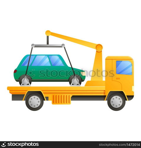 Tow truck with car icon. Cartoon of tow truck with car vector icon for web design isolated on white background. Tow truck with car icon, cartoon style