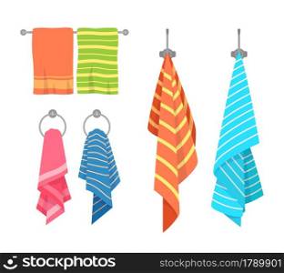 Towel cartoon. Kitchen and bath hanging towels collection. Kids and adult fabric. Cotton napkin and rags, home hotel or spa hygiene textile colorful objects. Vector isolated on white background set. Towel cartoon. Kitchen and bath hanging towels collection. Kids and adult fabric. Cotton napkin and rags, home hotel or spa hygiene textile colorful objects. Vector isolated set