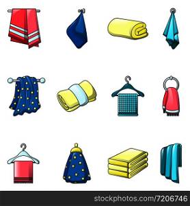 Towel hanging spa bath icons set. Cartoon illustration of 12 towel hanging spa bath vector icons for web. Towel hanging spa bath icons set, cartoon style