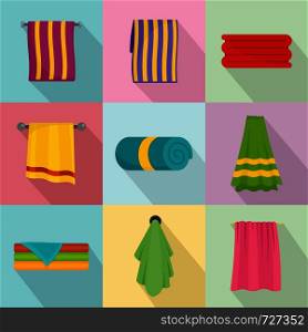 Towel hanging spa bath icons set. Flat illustration of 9 towel hanging spa bath vector icons for web. Towel hanging spa bath icons set, flat style