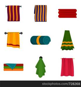 Towel hanging spa bath icons set. Flat illustration of 9 towel hanging spa bath vector icons isolated on white. Towel hanging spa bath icons set vector isolated