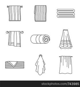 Towel hanging spa bath icons set. Outline illustration of 9 towel hanging spa bath vector icons for web. Towel hanging spa bath icons set, outline style