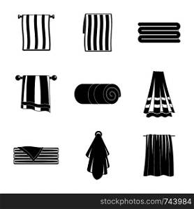 Towel hanging spa bath icons set. Simple illustration of 9 towel hanging spa bath vector icons for web. Towel hanging spa bath icons set, simple style