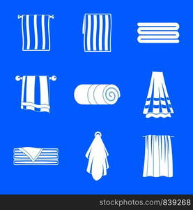 Towel hanging spa bath icons set. Simple illustration of 9 towel hanging spa bath vector icons for web. Towel hanging spa bath icons set, simple style