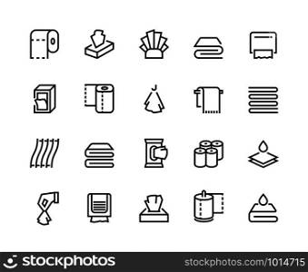 Towels and napkins line icons. Paper tissues bathroom and toilet towel, textile serviette and doily. Vector images blank hand dryer toilet paper rolls line set like kitchen napkin. Towels and napkins line icons. Paper tissues bathroom and toilet towels, textile serviette and doily. Vector hand dryer line set
