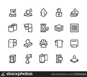 Towels and napkins line icons. Textile bathroom and restroom towels, dispenser with hygiene paper doily. Vector set sign packaging domestic wet tissue napkins for clean hands or cleaning table toilet. Towels and napkins line icons. Textile bathroom and restroom towels, dispenser with hygiene paper doily. Vector napkins set