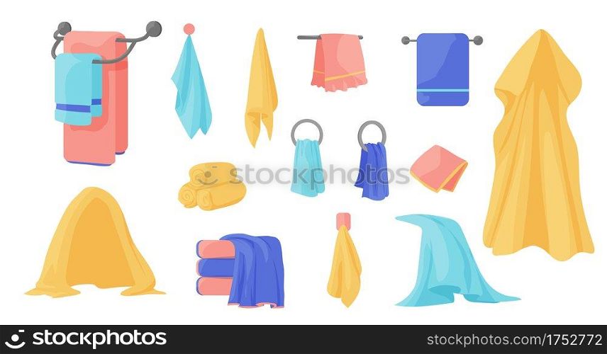 Towels. Cartoon terry cloth hanging on holder, rolled napkin and handkerchief in stack. Kitchen or bathroom hygienic fluffy fabric for wiping. Colorful domestic dishtowel. Vector textile toiletry set. Towels. Cartoon terry cloth hanging on holder, rolled napkin and handkerchief in stack. Kitchen or bathroom fluffy fabric for wiping. Domestic dishtowel. Vector textile toiletry set