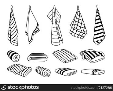 Towels for kitchen icons. Hand drawn cute clean items for drying, cartoon hanging and stacked towel set, vector illustration rolls of textile fabric isolated on white background. Towels for kitchen icons