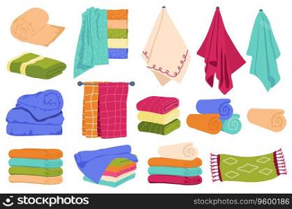 Towels set graphic elements in flat design. Bundle of colored towels and napkins of various shapes, rolled up, lying in pile, hanging on bathroom or kitchen wall. Vector illustration isolated objects