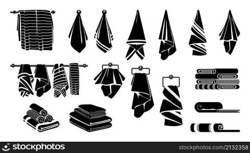 Towels silhouettes. Black towel rolls, bathroom beach or kitchen textile icons. Flat fabric for home, isolated folded cloth decent vector set. Illustration of towel black silhouette for bathroom. Towels silhouettes. Black towel rolls, bathroom beach or kitchen textile icons. Flat fabric for home, isolated folded cloth decent vector set