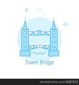 Tower Bridge, London Flat Vector Icon. Historical Landmarks Related Illustration. Light Flat Style. Blue Monochrome Design. Editable Stroke. Adjust Line Weight. Design with Pixel Perfection.. Tower Bridge, London Flat Vector Illustration, Icon. Light Blue Monochrome Design. Editable Stroke