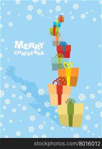 Tower gifts and snowfall. Happy Christmas. Many beautiful greeting boxes with bows with ribbons. Postcard, poster for new year.