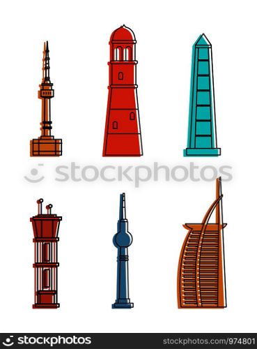 Tower icon set. Color outline set of tower vector icons for web design isolated on white background. Tower icon set, color outline style