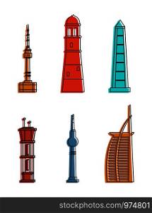 Tower icon set. Color outline set of tower vector icons for web design isolated on white background. Tower icon set, color outline style