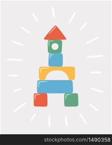 Tower of children toy blocks. Multicolored wooden kids bricks for building and playing. Education toys for preschool kids for early childhood development. Vector hand drawn illustration. Tower of children toy blocks. Multicolored wooden kids bricks for building and playing. Education toys
