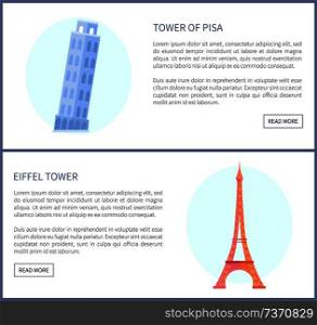 Tower of Pisa and Eiffel Tower, landmarks on web pages collection, text sample for tourists awareness, sightseeing in Europe, vector illustration. Tower of Pisa and Eiffel Tower Vector Illustration