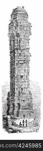 Tower of Victory in Chittorgarh, Rajahstan, India, during the 1890s, vintage engraving. Old engraved illustration of the Tower of Victory in Chittorgarh.