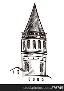 Tower traditional architectural style monochrome sketch outline. Medieval construction hand drawn high building with windows. Design and exterior of landmarks of old city vector illustration. Tower traditional architectural style monochrome sketch vector illustration