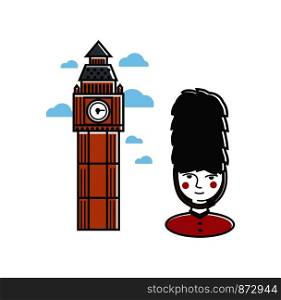 Tower with clock and royal guard in uniform. Main Britain national symbols. Famous architectural construction and English military servant isolated cartoon vector illustrations on white background.. Tower with clock and royal guard in uniform