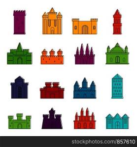 Towers and castles icons set. Doodle illustration of vector icons isolated on white background for any web design. Towers and castles icons doodle set