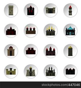 Towers and castles icons set in flat style isolated vector icons set illustration. Towers and castles icons set in flat style