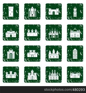 Towers and castles icons set in grunge style green isolated vector illustration. Towers and castles icons set grunge