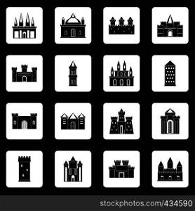 Towers and castles icons set in white squares on black background simple style vector illustration. Towers and castles icons set squares vector