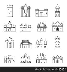Towers and castles icons set. Outline illustration of 16 towers and castles vector icons for web. Towers and castles icons set, outline style