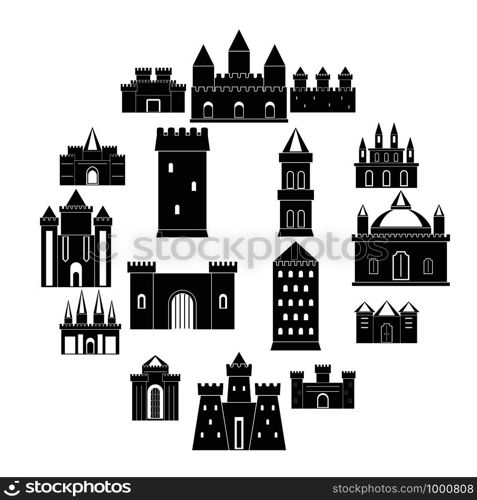 Towers and castles icons set. Simple illustration of 16 towers and castles vector icons for web. Towers and castles icons set, simple style