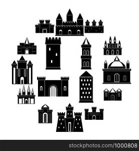 Towers and castles icons set. Simple illustration of 16 towers and castles vector icons for web. Towers and castles icons set, simple style