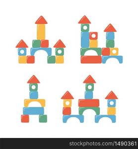 Towers of children toy blocks. Multicolored kids bricks for building and playing. Education toys for preschool kids for early childhood development. Set of vector illustrations on white background. Towers of children toy blocks. Multicolored kids bricks for building and playing.