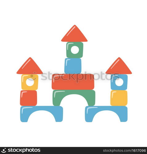 Towers of children toy blocks. Multicolored kids bricks for building and playing. Education toys for preschool kids for early childhood development. Vector illustrations on white background. Towers of children toy blocks. Multicolored kids bricks for building and playing.