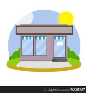 Town and city. Element of urban landscape. Food trade and coffee shop. Facade of the house with showcase. Small shop and Store. Cartoon flat illustration.