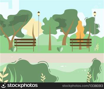 Town and City Park Scene with Green Trees, Bushes, Wooden Benches, Lantern and Walkside Cartoon. Skyscrapers and Buildings Silhouette on Background. Flat Style Vector Illustration. Nature Landscape. City Park Scene with Green Trees, Benches Cartoon