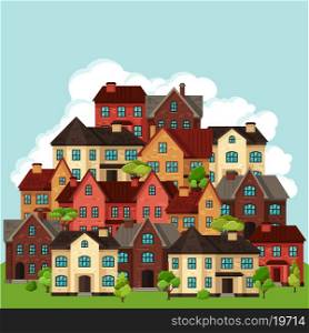 Town background design with cottages and houses.. Town background design with cottages and houses