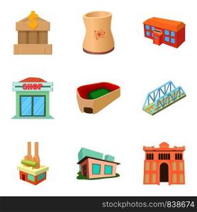 Town building icons set. Cartoon set of 9 town building vector icons for web isolated on white background. Town building icons set, cartoon style