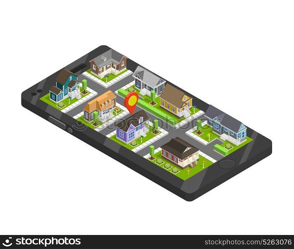 Town Buildings Smartphone Concept. Town buildings isometric smartphone composition with cottage estate houses and location sign on top of gadget screen vector illustration