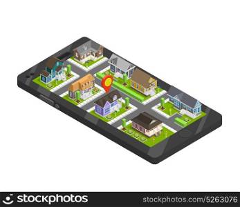 Town Buildings Smartphone Concept. Town buildings isometric smartphone composition with cottage estate houses and location sign on top of gadget screen vector illustration