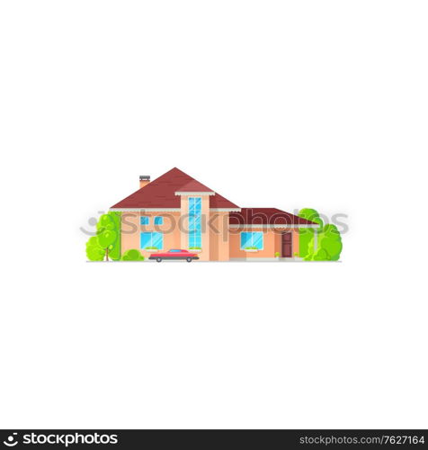 Town cottage, family mansion with chimney on roof, green trees. Vector house in flat with retro car, entrance door and windows. Residential building on sale or rent, real estate villa outdoor facade. Villa or two-storied cottage house isolated icon