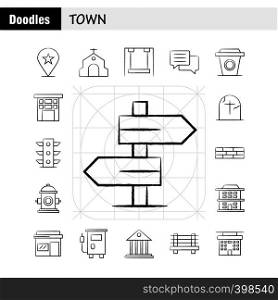 Town Hand Drawn Icons Set For Infographics, Mobile UX/UI Kit And Print Design. Include: Location, Map, Town, Church, House, Town, Park, Playground, Icon Set - Vector