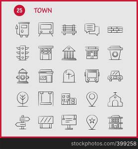 Town Hand Drawn Icons Set For Infographics, Mobile UX/UI Kit And Print Design. Include: Location, Map, Town, Church, House, Town, Park, Playground, Icon Set - Vector