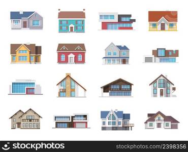 Town house cottage and assorted real estate building icons flat set isolated vector illustration. House Icons Flat