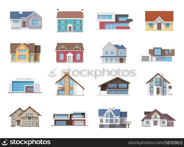 Town house cottage and assorted real estate building icons flat set isolated vector illustration. House Icons Flat