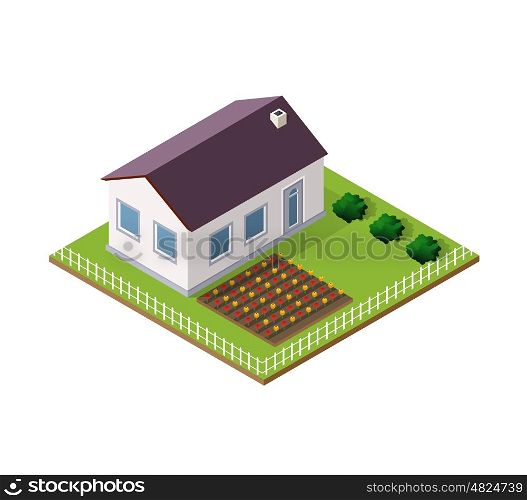 Town House in isometric view with trees and garden. Town House in isometric